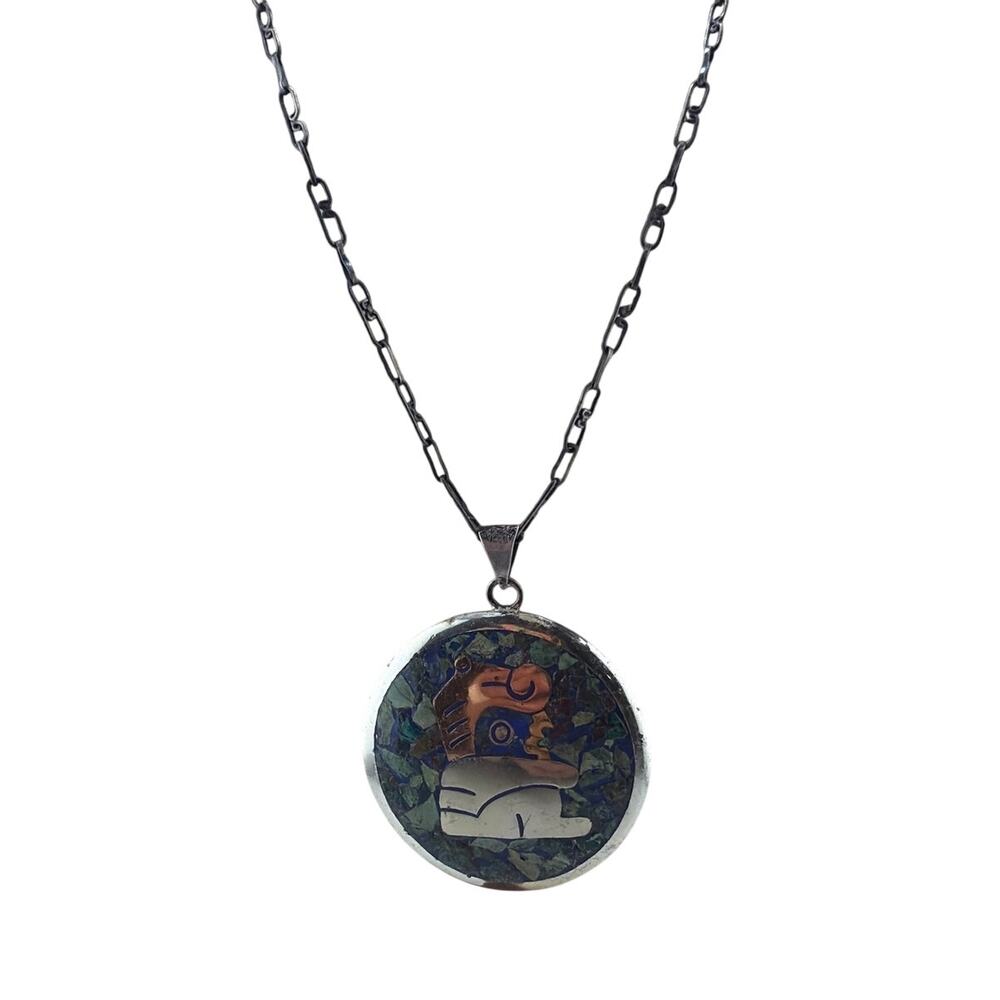 Vintage Taxco Mexican Sterling Silver Mosaic Warrior & Figure Pendant